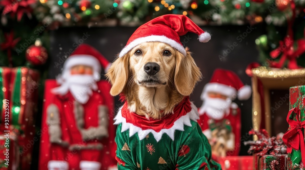 Festive Golden Retriever in Santa Hat and Elf Costume for Christmas Celebration Festive Golden Retriever in Santa Hat and Elf Costume for Christmas Celebration