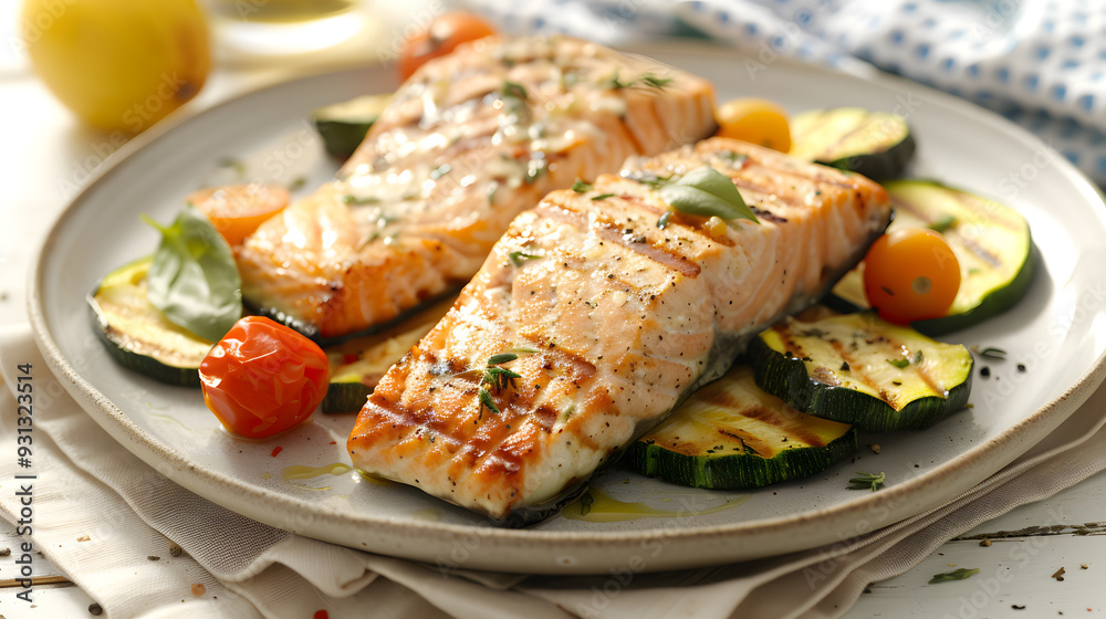 Two grilled salmon fillets served with grilled zucchini slices and cherry tomatoes, garnished with basil leaves, offering a healthy and delicious meal on a rustic plate. Two grilled salmon fillets served with grilled zucchini slices and cherry tomatoes, garnished with basil leaves, offering a healthy and delicious meal on a rustic plate.