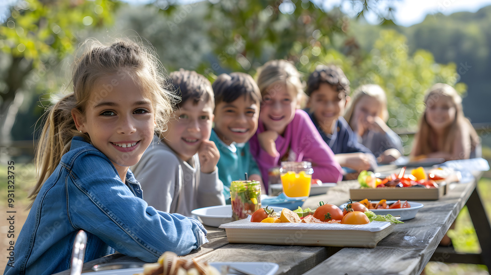 A group of smiling children sitting at a picnic table outdoors, enjoying a healthy meal together in a park. The scene captures the joy and togetherness of a bright day in nature. A group of smiling children sitting at a picnic table outdoors, enjoying a healthy meal together in a park. The scene captures the joy and togetherness of a bright day in nature.
