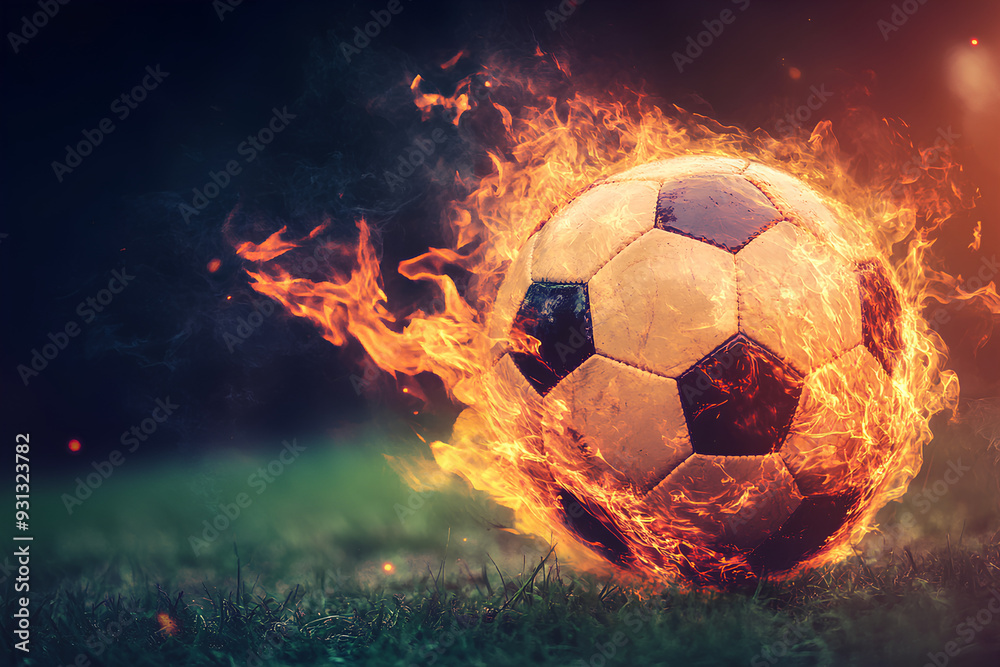 Naklejka premium fiery ball, fiery football, black background, dark, fiery soccer ball engulfed in hot flames