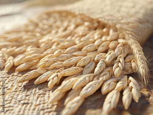 Close-up of golden wheat sheaves on a rustic burlap background, representing harvest and agriculture.