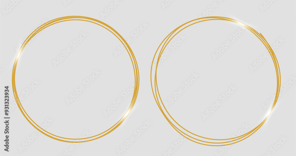 Round golden frames with glow effects. Geometric circle line design elements for wedding, birthday, Christmas, new year
