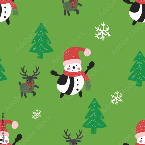 Festive Seamless Pattern with Cute Snowmen, Reindeers, Christmas Trees, and Snowflakes on a Green Background. Ideal for Holiday Wrapping Paper, Fabrics, and Seasonal Decorations