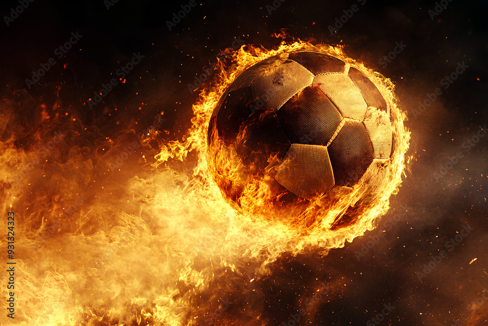 Naklejka premium fiery ball, fiery football, black background, dark, fiery soccer ball engulfed in hot flames