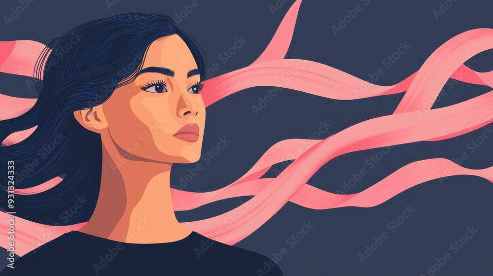 Serene Woman with Flowing Pink Hair in Artistic Illustration Serene Woman with Flowing Pink Hair in Artistic Illustration