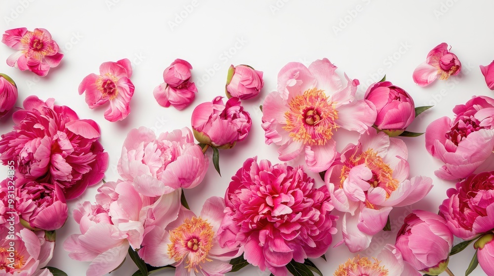 Fresh pink peonies on a white background with empty space for text Fresh pink peonies on a white background with empty space for text