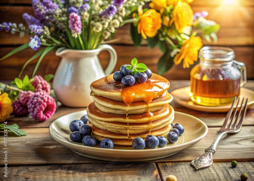 fluffy sunday breakfast still life warm sunlight golden syrup drips down stacked high blueberries fresh flowers rustic wooden table vintage fork fluffy sunday breakfast still life warm sunlight golden syrup drips down stacked high blueberries fresh flowers rustic wooden table vintage fork