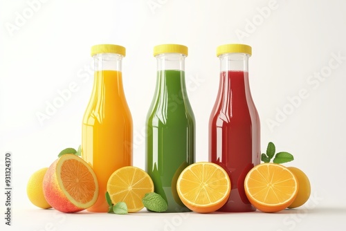 Colorful bottles of fresh fruit juice with bright oranges, perfect for healthy lifestyle and refreshing beverages.