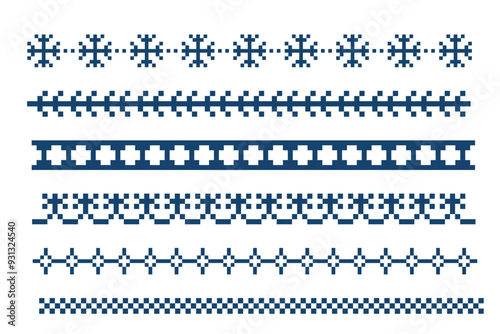Pixel Border snowflake winter decoration elements. Divider patterns y2k. Simple minimal. Holiday Chirtmas frame.