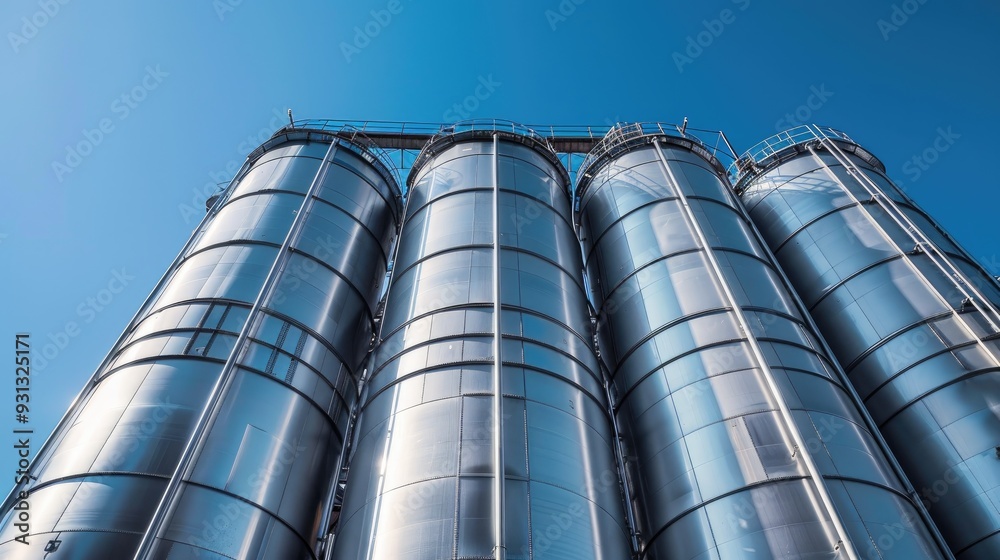 Large industrial silos under a clear blue sky Large industrial silos under a clear blue sky