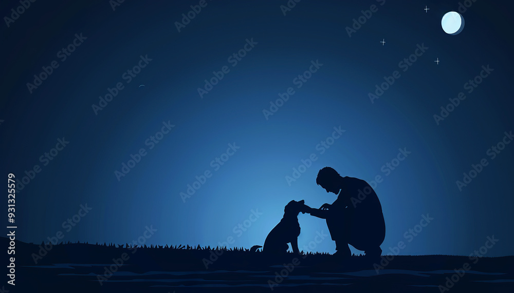 Man and Dog Silhouettes Under Night Sky Man and Dog Silhouettes Under Night Sky