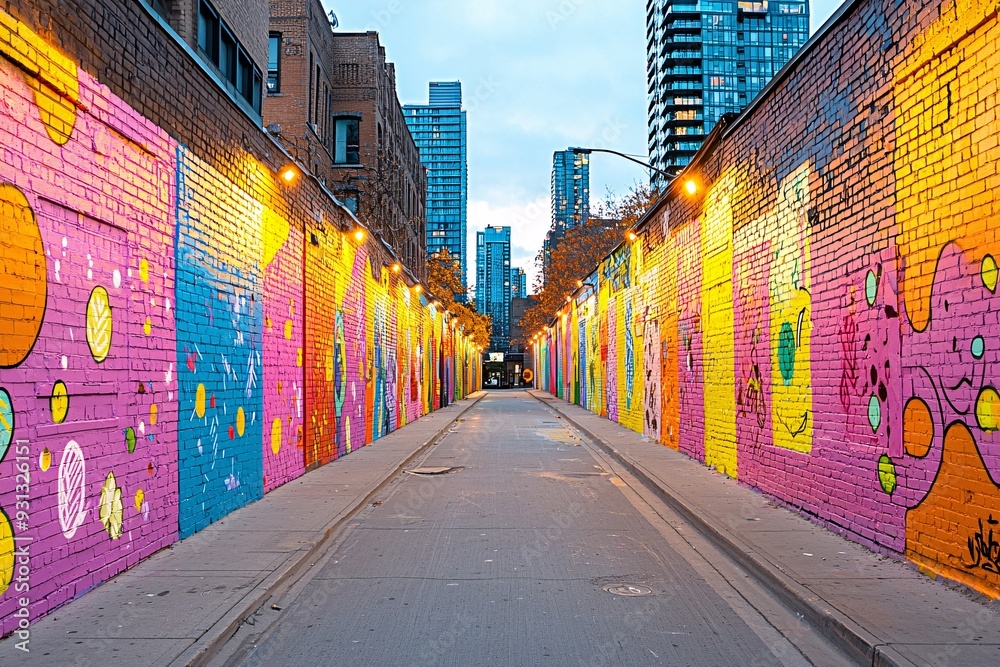 Obraz premium Colorful Brick Wall Alleyway in City.