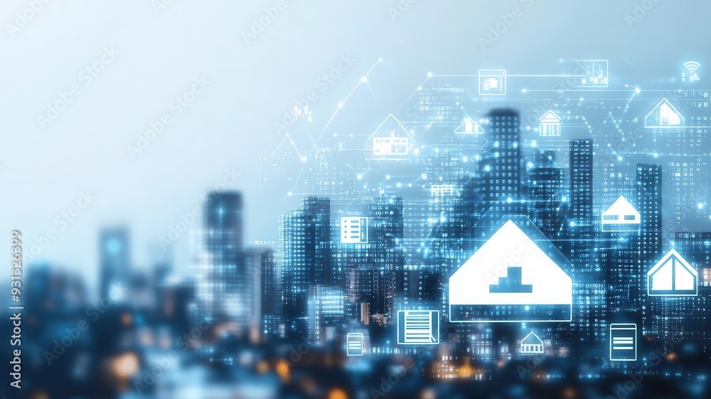 Modern cityscape with digital overlay of insurance policy icons, symbolizing urban coverage evaluation, urban insurance, technology-driven assessment Modern cityscape with digital overlay of insurance policy icons, symbolizing urban coverage evaluation, urban insurance, technology-driven assessment