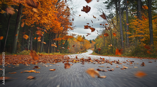 Leaves are swept by the wind on a quiet country road lined with trees in full autumn colors. The empty road captures the movement and crispness of the season. photo