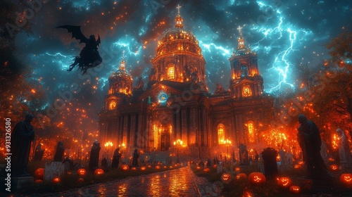 Gothic cathedral with jack-o'-lanterns and lightning