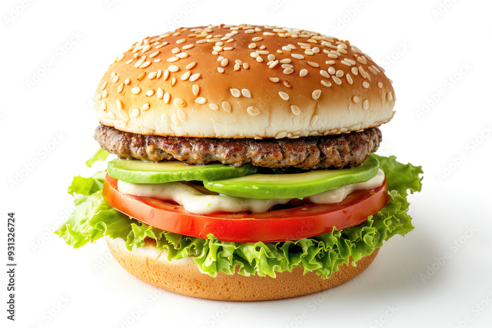 Avocado burger with fresh vegetables on white Avocado burger with fresh vegetables on white