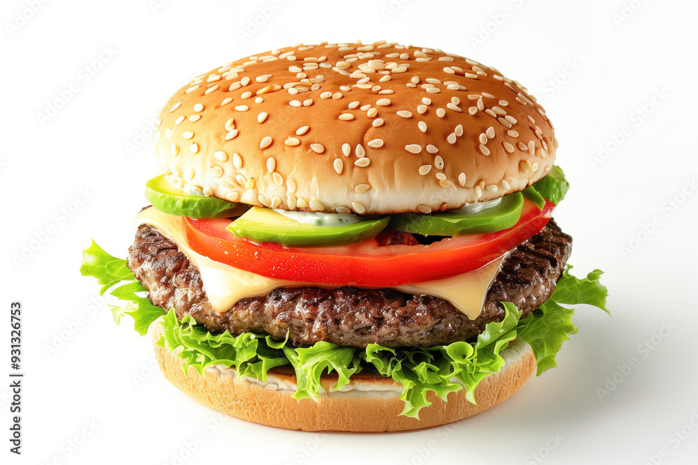 Healthy avocado burger with vegetables set on a white background Healthy avocado burger with vegetables set on a white background
