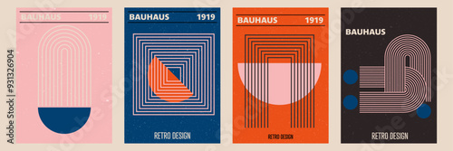 Set of abstract posters with geometric shapes and zen arch with stripe pattern. Vector background in trendy boho aesthetic.