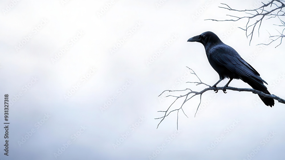 A single, ominous raven perched on a bare tree branch, silhouetted by the twilight, Halloween, Spooky, Mystery A single, ominous raven perched on a bare tree branch, silhouetted by the twilight, Halloween, Spooky, Mystery