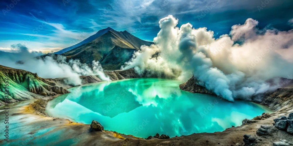 Fototapeta premium Mist-shrouded volcanic terrain stretches out in eerie twilight, with turquoise hues gazing up at wispy clouds clinging to the peaks of ancient, worn-down mountains.