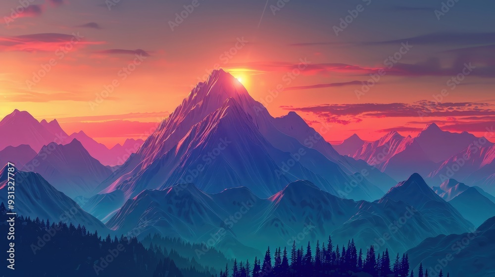 Breathtaking mountain landscape at sunset, with vibrant colors illuminating the peaks and valleys, capturing nature's beauty. Breathtaking mountain landscape at sunset, with vibrant colors illuminating the peaks and valleys, capturing nature's beauty.