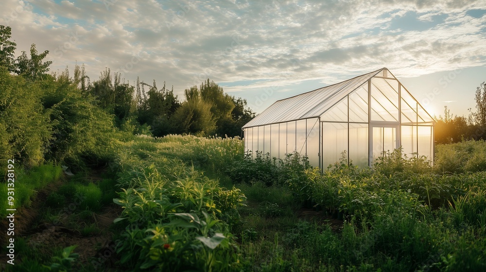 greenhouse in the spring, greenhouse with plants, a white greenhouse in a field, outdoor, agriculture greenhouse in the spring, greenhouse with plants, a white greenhouse in a field, outdoor, agriculture