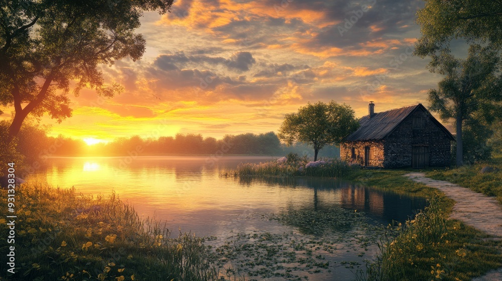 Fototapeta premium A farmhouse on a lake at dusk