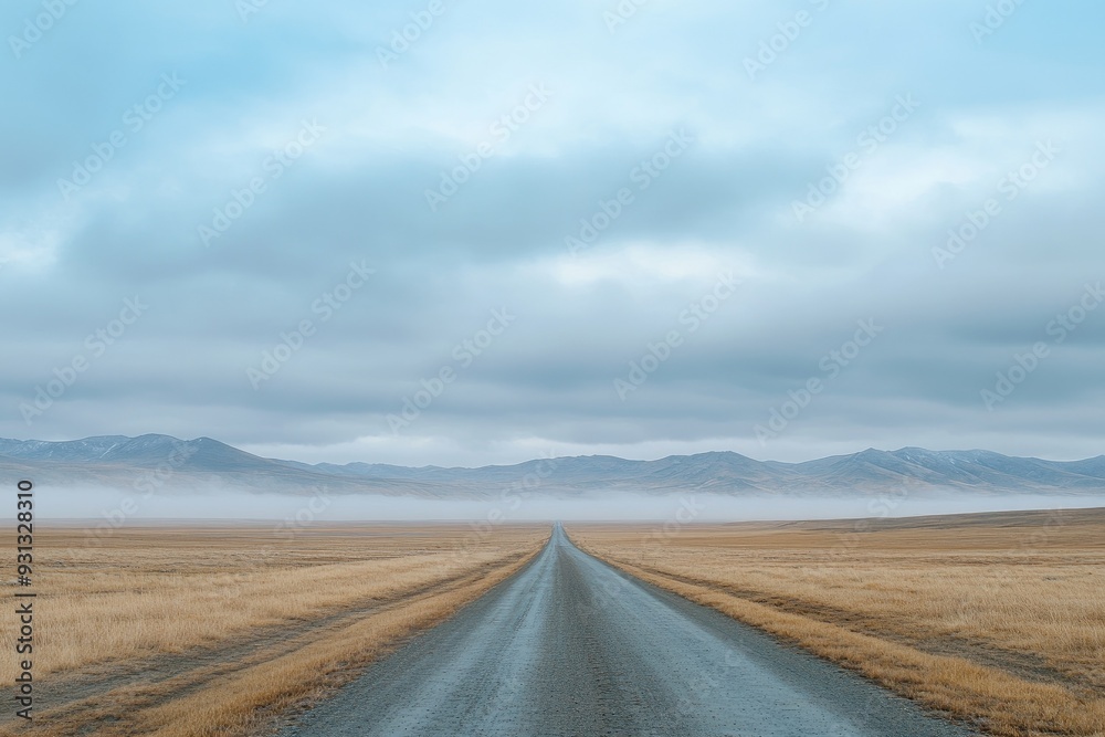Fototapeta premium A serene landscape featuring an empty road stretching through fields and mountains under a cloudy sky.