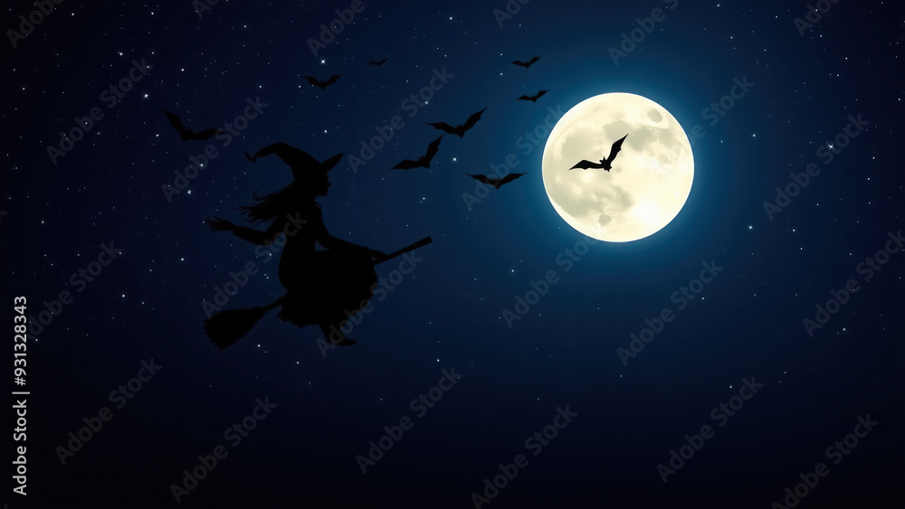 Witch silhouette on broomstick with bats and full moon. Witch silhouette on broomstick with bats and full moon.