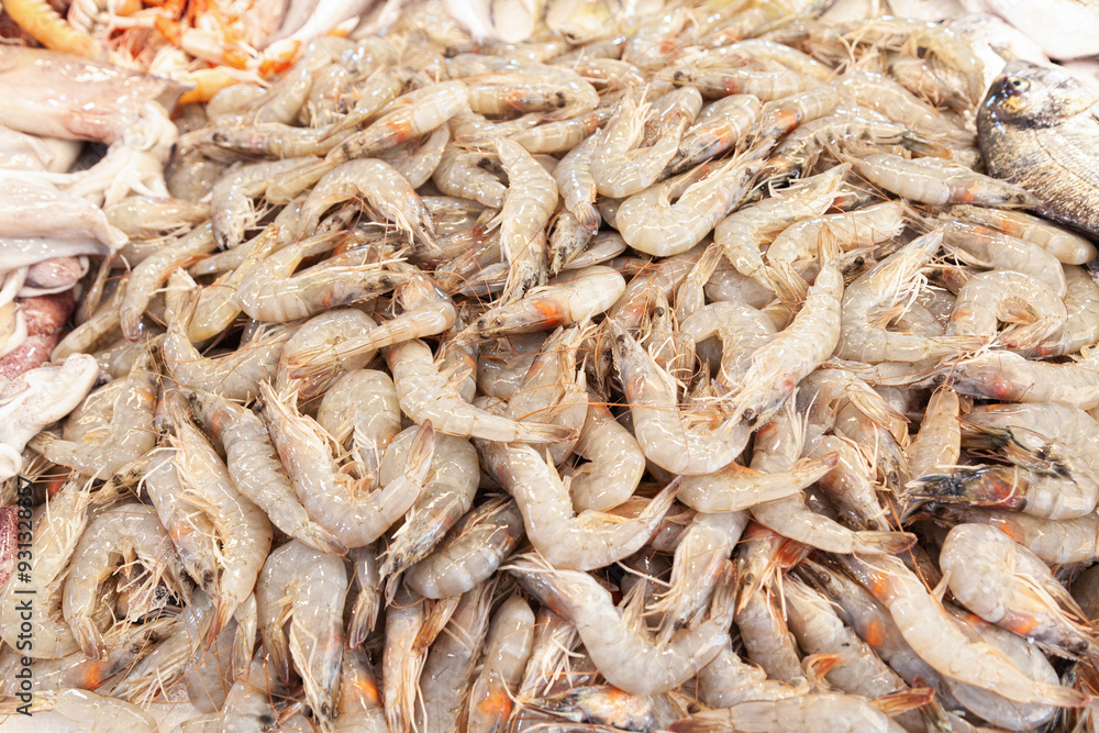 Fresh Shrimp Pile on Store Counter Fresh Shrimp Pile on Store Counter