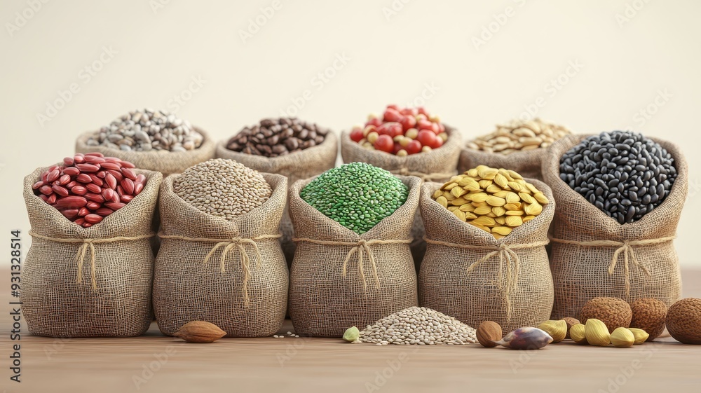 Fototapeta premium Various bags filled with an assortment of colorful legumes and grains arranged neatly on a wooden table.