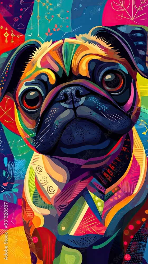 A vibrant and colorful illustration of a pug, showcasing artistic patterns and a playful design that captures its charm. A vibrant and colorful illustration of a pug, showcasing artistic patterns and a playful design that captures its charm.
