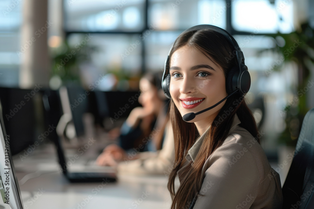 Portrait of beautiful female call center operator working in modern office. Looking and smiling at camera