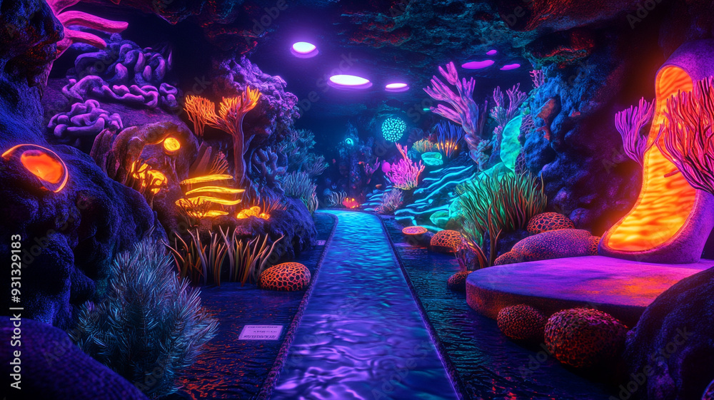 Fototapeta premium Vibrant underwater corridor with glowing coral and aquatic plants in a fantasy-themed environment