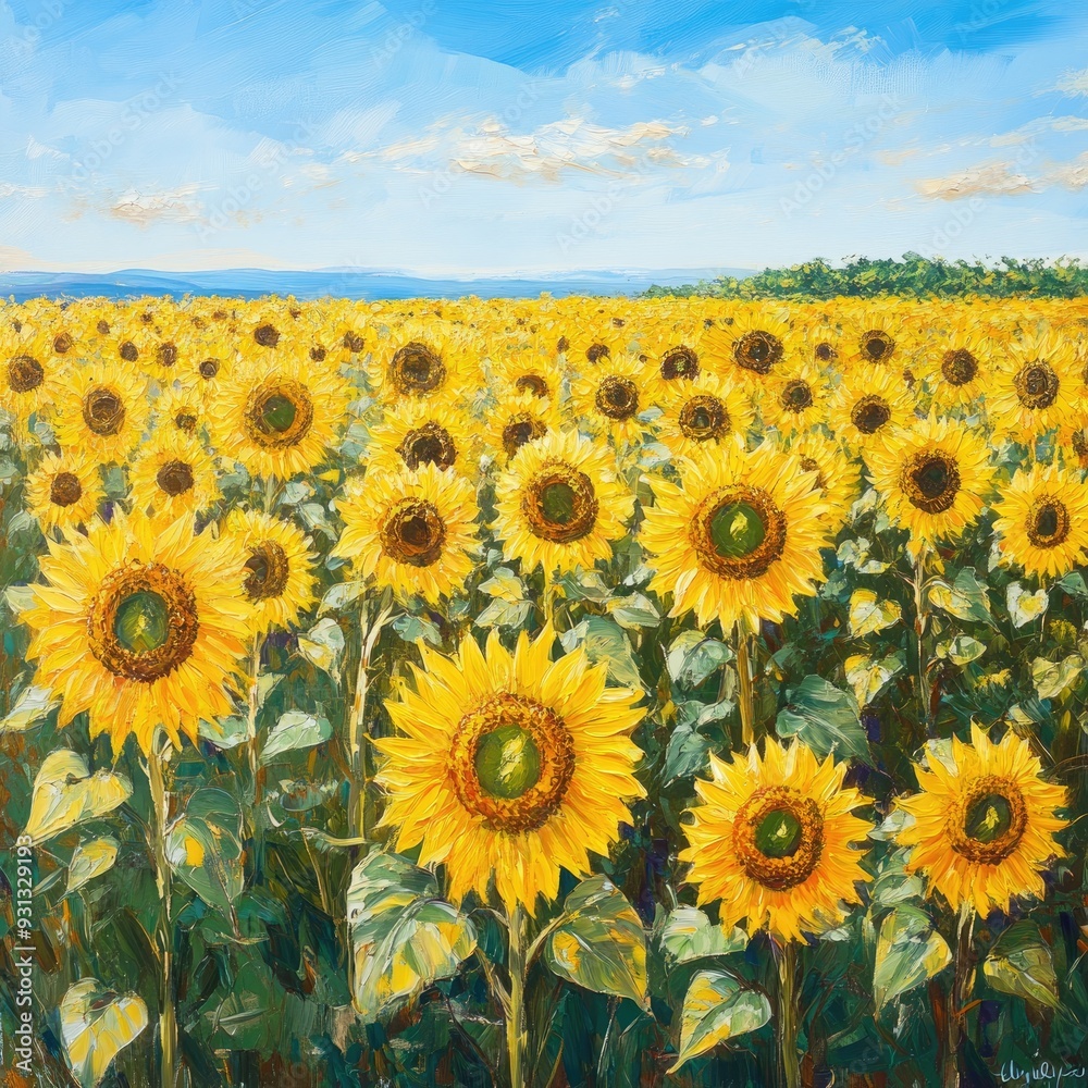 Fototapeta premium Vibrant field of sunflowers under a bright blue sky, showcasing nature's beauty and warmth in a picturesque landscape.