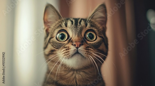 Close-up portrait of a tabby cat with wide, green eyes looking curiously at the camera.