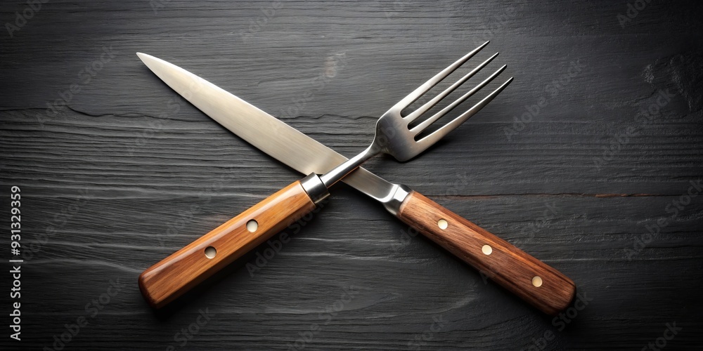 Naklejka premium Precision instruments honed to a fine point, knife and fork slice through ingredients with surgical ease, showcasing their craftsmanship in the art of culinary preparation.