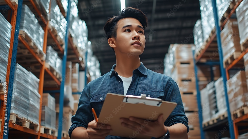 Young worker checklist manage parcel box product in warehouse. Asian man employee holding clipboard working at store industry. Logistic import export concept.