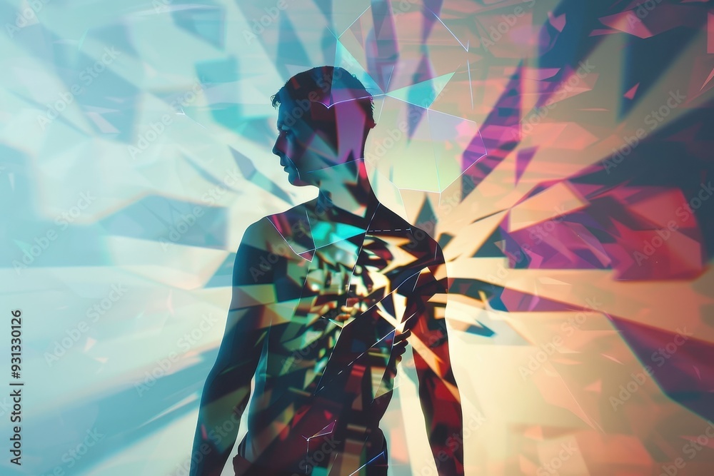 Fototapeta premium A holographic human silhouette, composed of floating geometric shapes and shifting colors.