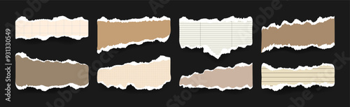 Ripped Paper sheets for Scrapbook or Collage. Torn blank old pages with uneven texture edges. Damaged Sheets of copybook and notebook in vintage colors. Empty text frames