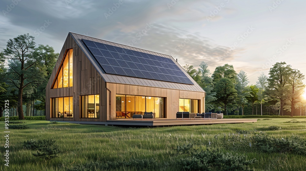 Modern Eco-Friendly House with Solar Roof in Scenic Nature