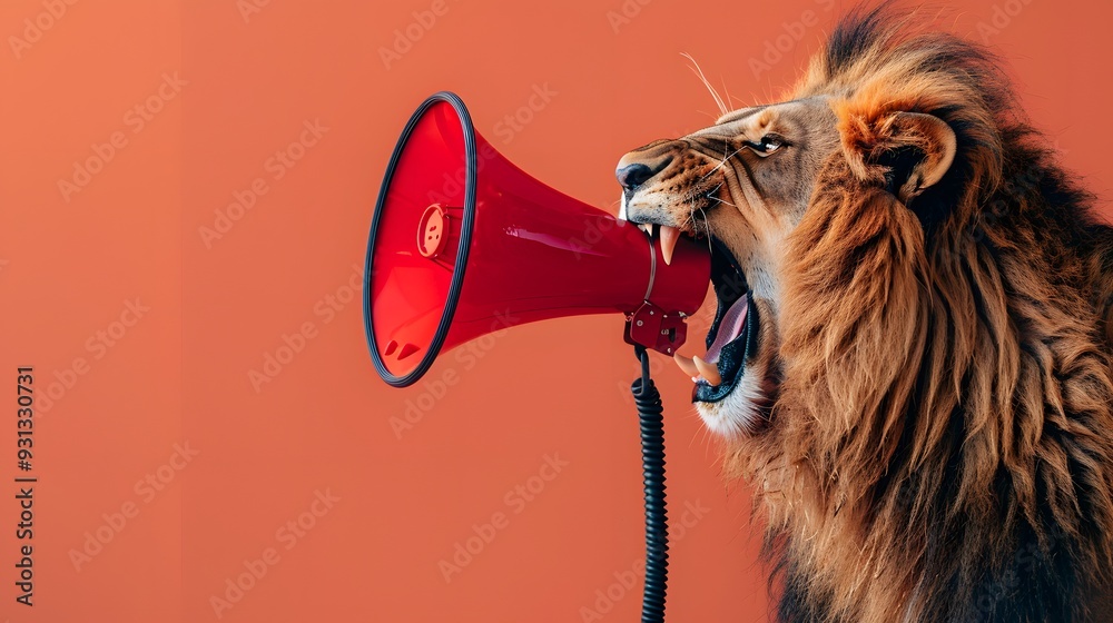 Fototapeta premium Lion roaring on a megaphone. Advertisement concept with wide copy space for text. 