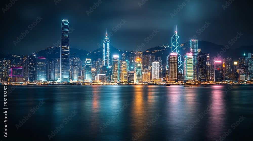 Fototapeta premium An aerial view of Victoria Bay in Hong Kong, capturing the cityscape with light trails from a ferry boat and the skyline of several skyscrapers. 