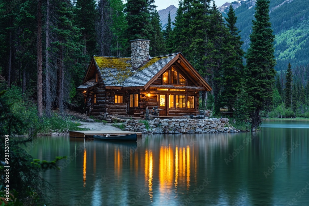 A cabin with a dock and a boat sits on a lake A cabin with a dock and a boat sits on a lake