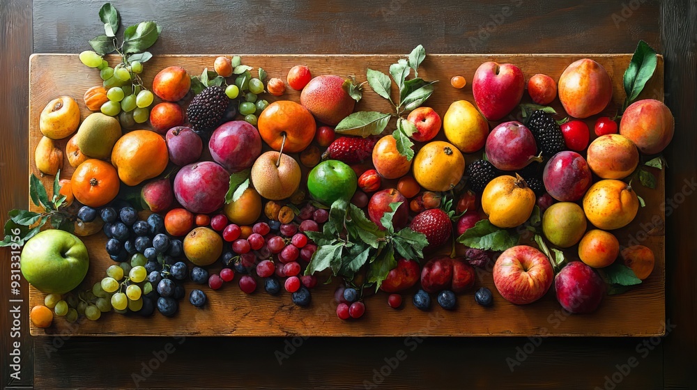 A variety of fruits arranged on a board, showcasing their vibrant colors and textures. A variety of fruits arranged on a board, showcasing their vibrant colors and textures.