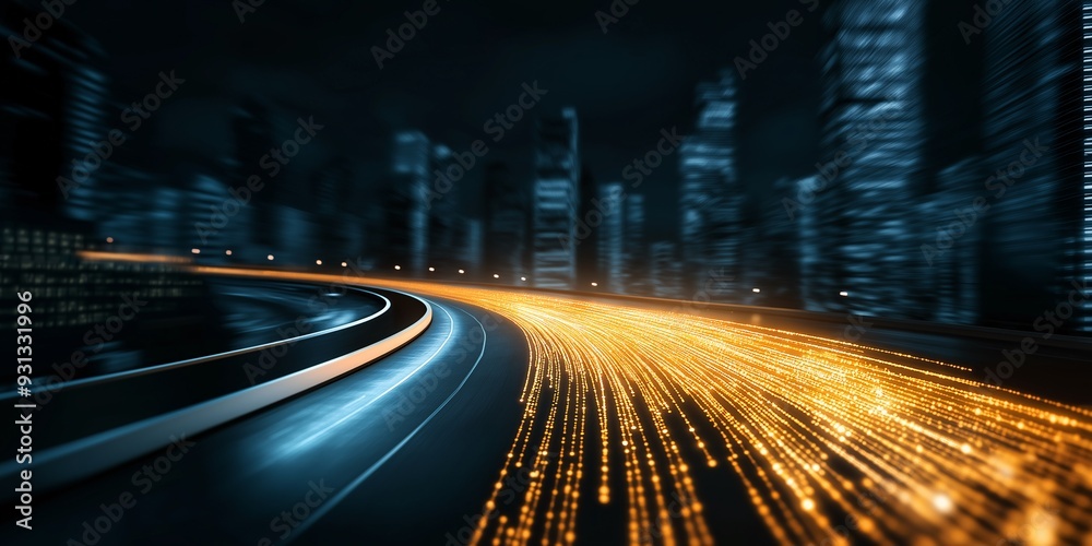 Obraz premium City Lights, Digital Highway: A mesmerizing abstract image capturing the essence of urban energy and technological advancement. Blurred city lights illuminate a winding digital highway