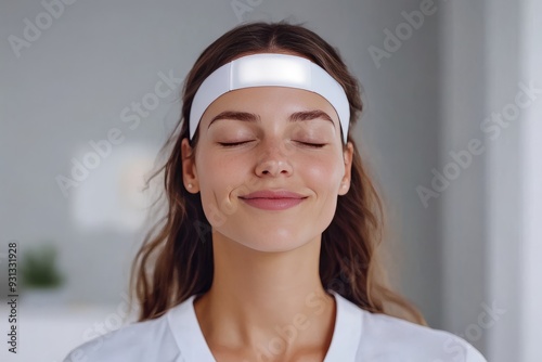 Woman meditating with a headband eyes closed expressing relaxation and mindfulness in a bright minimalistic indoor setting
