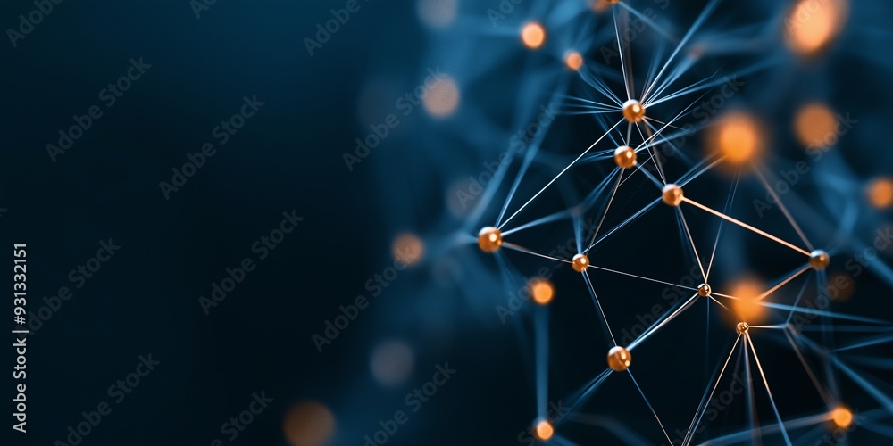 Golden Network Connections: An abstract 3D rendering of interconnected nodes and lines on a dark blue background. Ideal for technology, science, and communication concepts. Golden Network Connections: An abstract 3D rendering of interconnected nodes and lines on a dark blue background. Ideal for technology, science, and communication concepts.