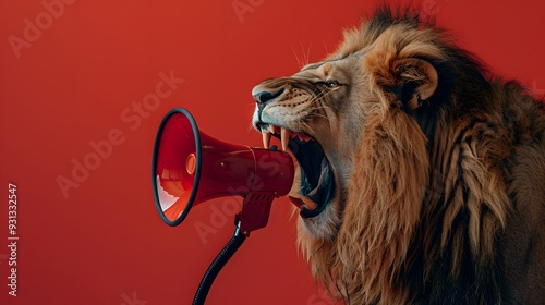 Lion roaring on a megaphone. Advertisement concept with wide copy space for text.  photo