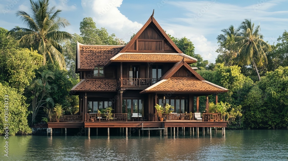 A traditional Thai wood house situated along the waterfront, exemplifying classic Thai architectural style. A traditional Thai wood house situated along the waterfront, exemplifying classic Thai architectural style.